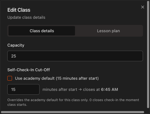 Self-Check-In Cut-Off override in the Edit Class dialog.