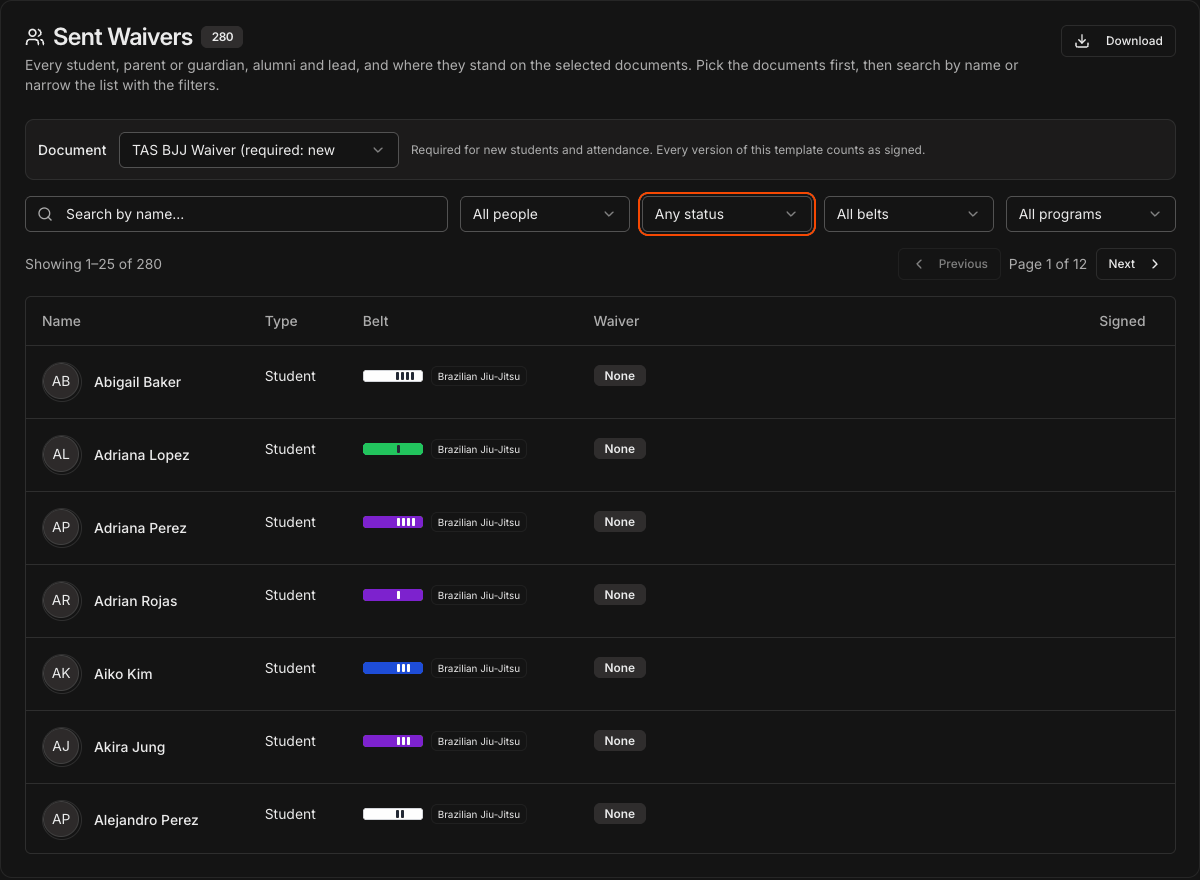 The Sent Waivers table in Settings > Waivers, opening the Status filter, ticking Sent and Signed, and the list narrowing to the people with a waiver record