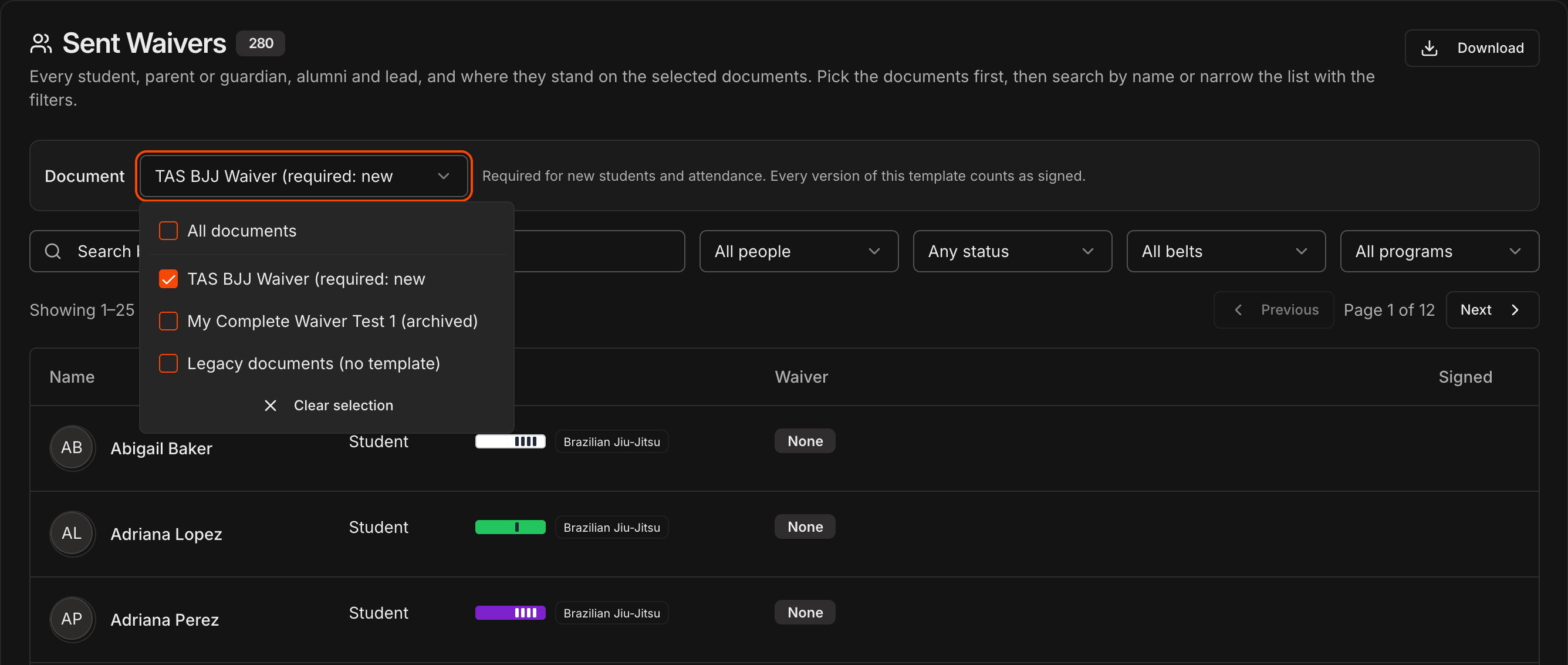 Document filter open above the Sent Waivers table, listing All documents, the required TAS BJJ Waiver, an archived template and legacy documents