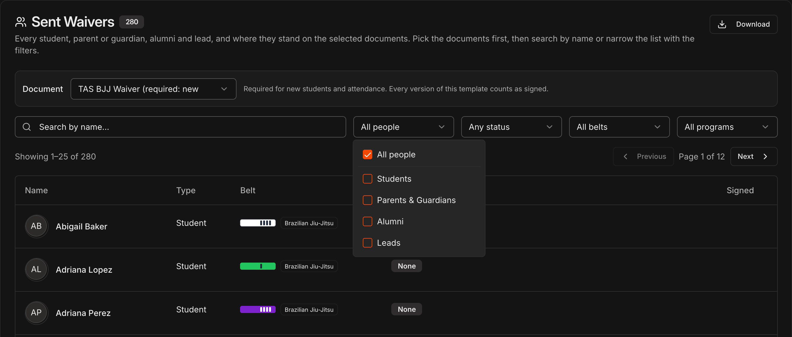 People filter open above the Sent Waivers table with All people, Students, Parents & Guardians, Alumni and Leads checkboxes