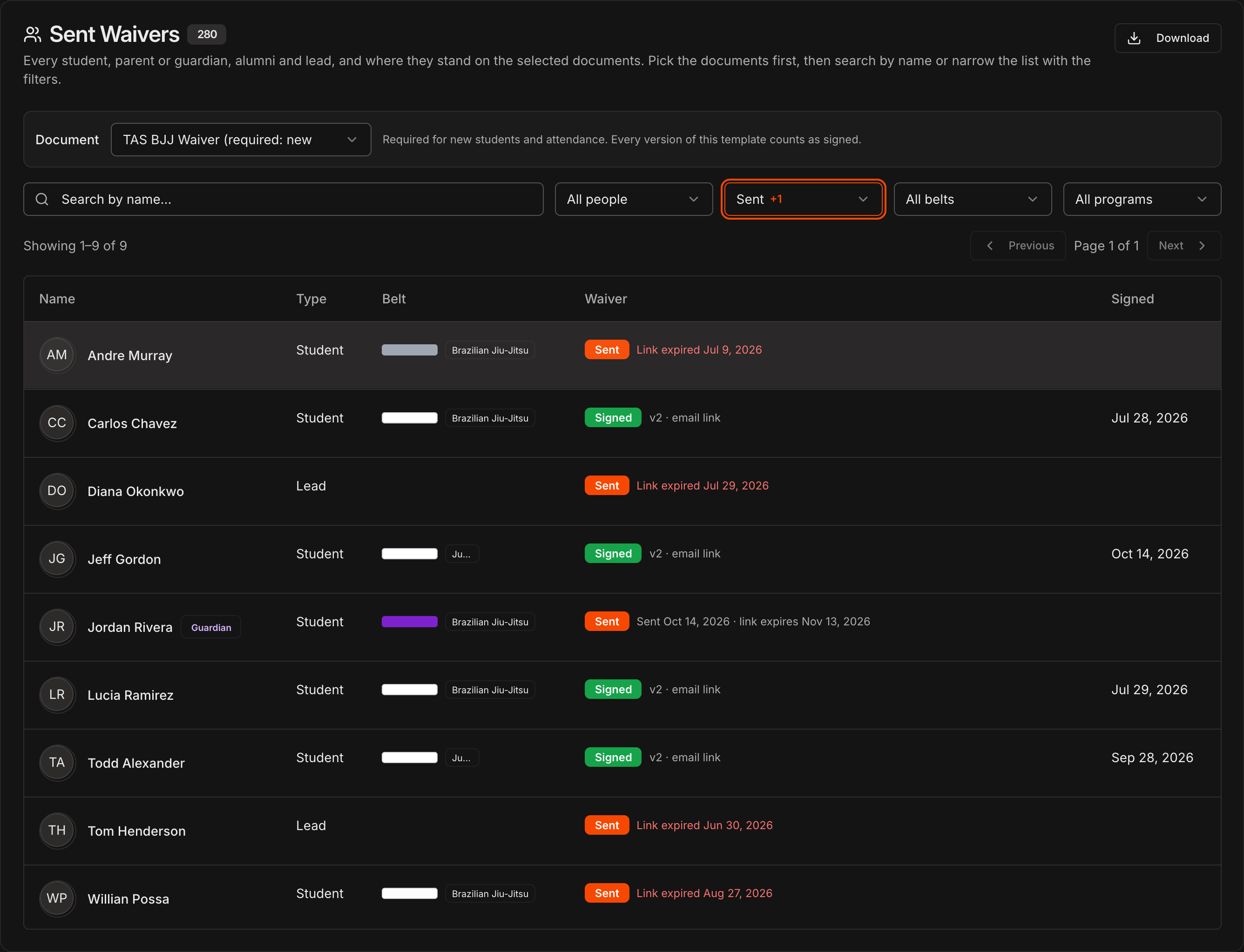 Sent Waivers table filtered to Sent and Signed, showing rows with Link expired dates, Signed chips with the version and channel, and signed dates