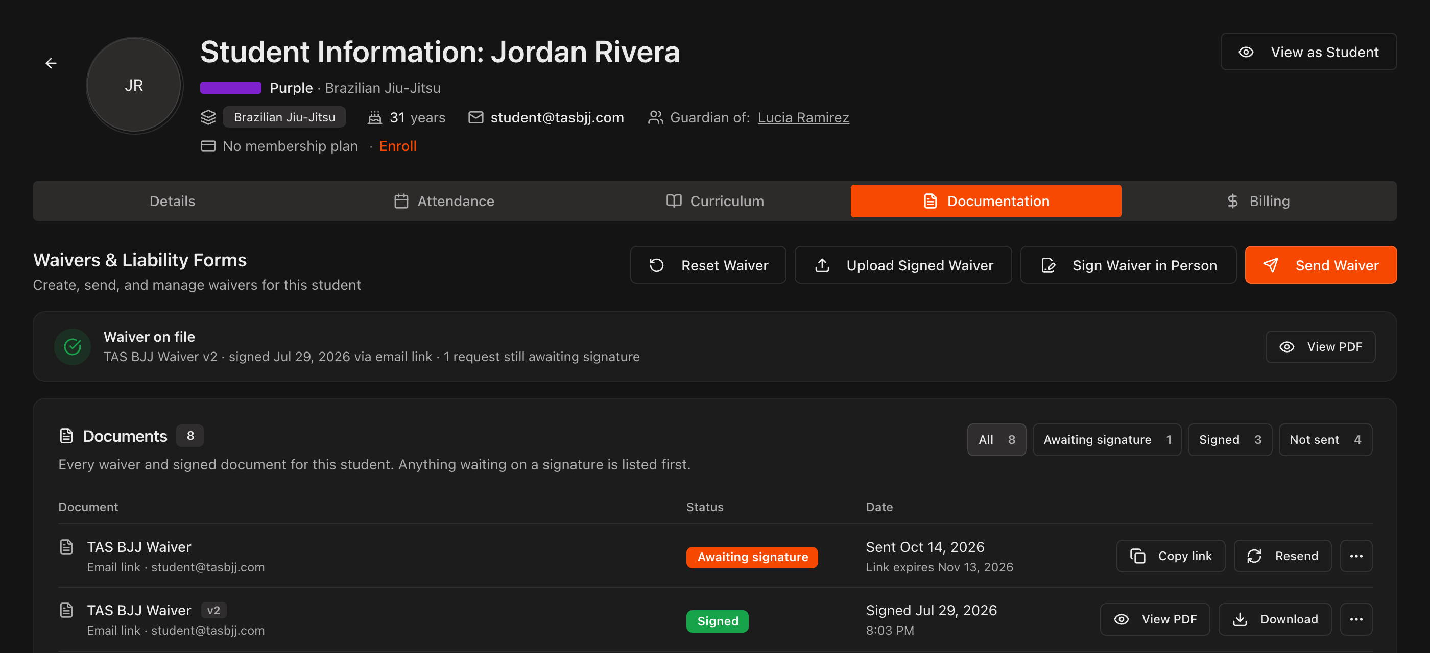 Student Documentation tab opened from a Sent Waivers row, showing the Waiver on file line and the Documents table