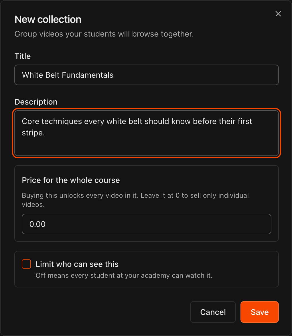 New collection dialog with Title, Description, and Price for the whole course fields