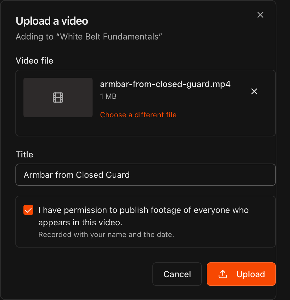 Upload video dialog with Video file, Title, and footage permission confirmation
