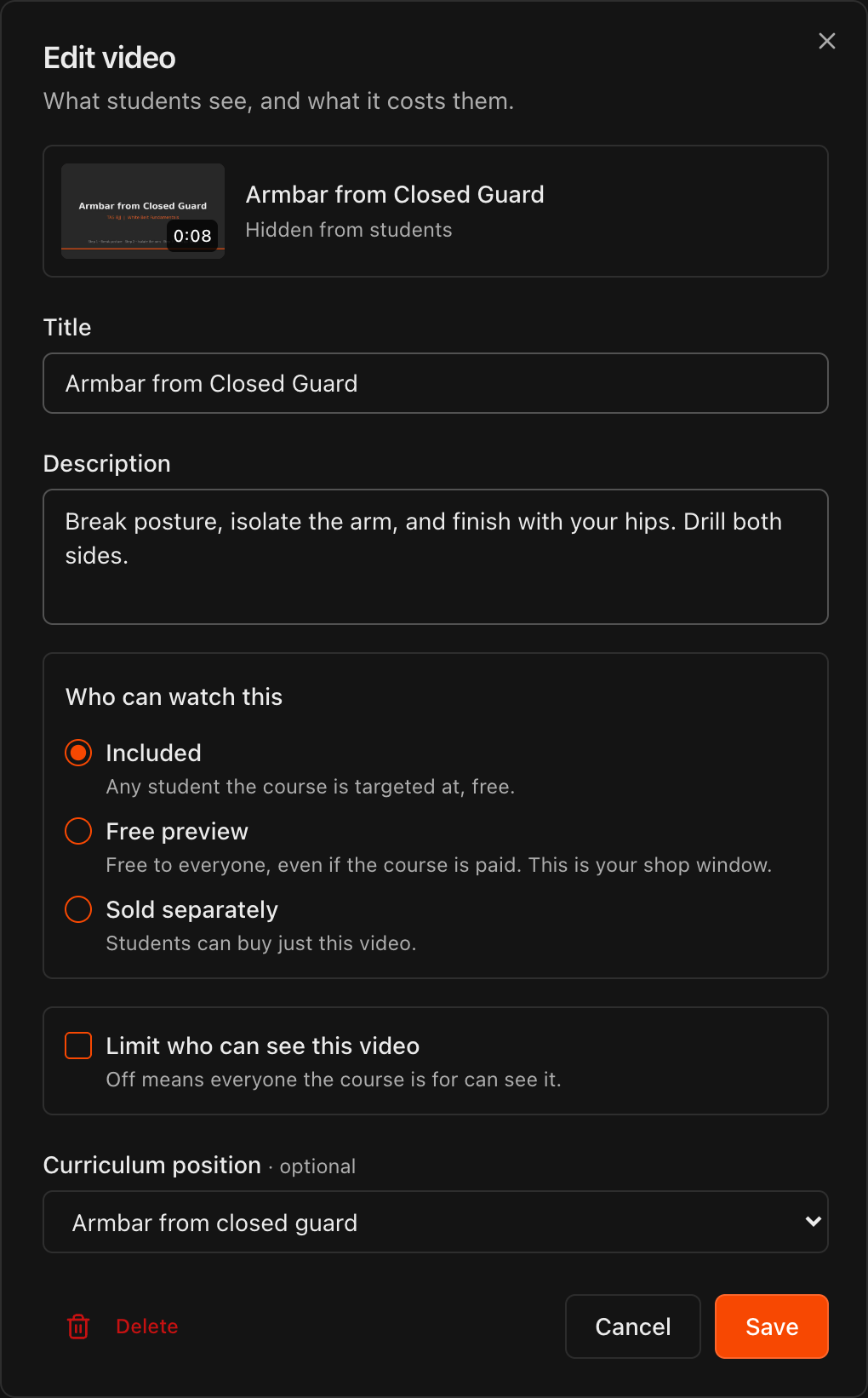 Edit video dialog with Who can watch this, Price, and Curriculum position fields