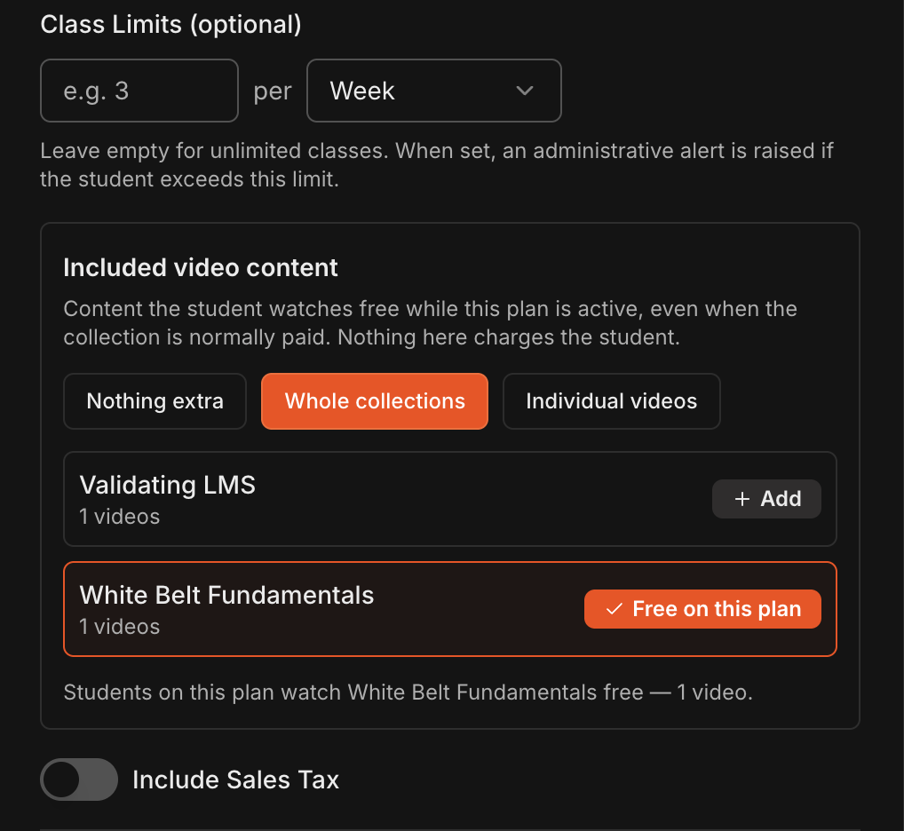 Included video content section of the Create Plan dialog with Whole collections selected and White Belt Fundamentals marked Free on this plan