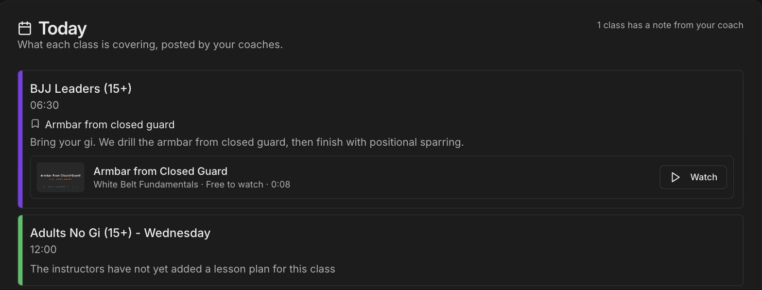 Student portal Today section showing a class with its topic, note, and attached video with a Watch button